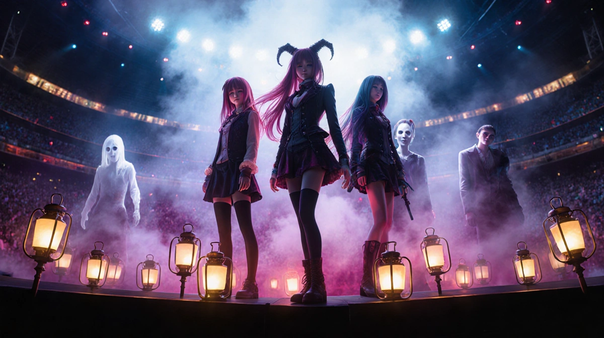 Rumi Mira and Zoey stand at stage edge with glowing lanterns and fog while paranormal eyes watch from shadows