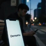 Young adult sits on bench looking at smartphone showing Demumu app with empty street and streetlights behind