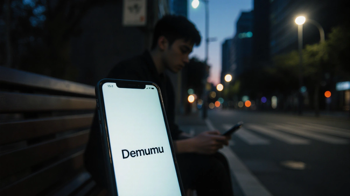 Young adult sits on bench looking at smartphone showing Demumu app with empty street and streetlights behind