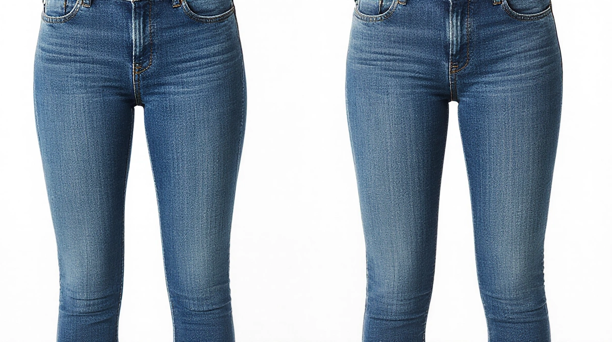 Two pairs of slim-fit denim jeans side by side with consistent straight-leg cut and subtle fabric texture differences visible