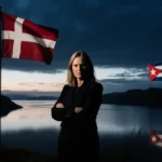 Mette Frederiksen stands with arms crossed gazing at camera with Danish flag over Greenlandic fjord