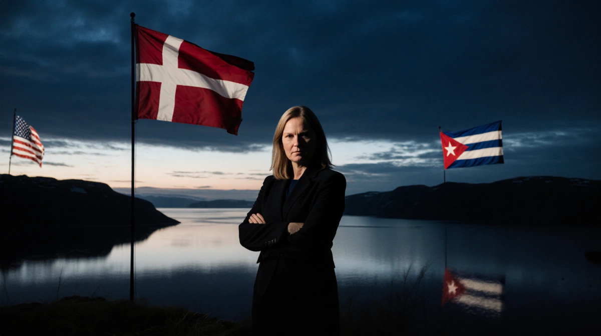 Mette Frederiksen stands with arms crossed gazing at camera with Danish flag over Greenlandic fjord