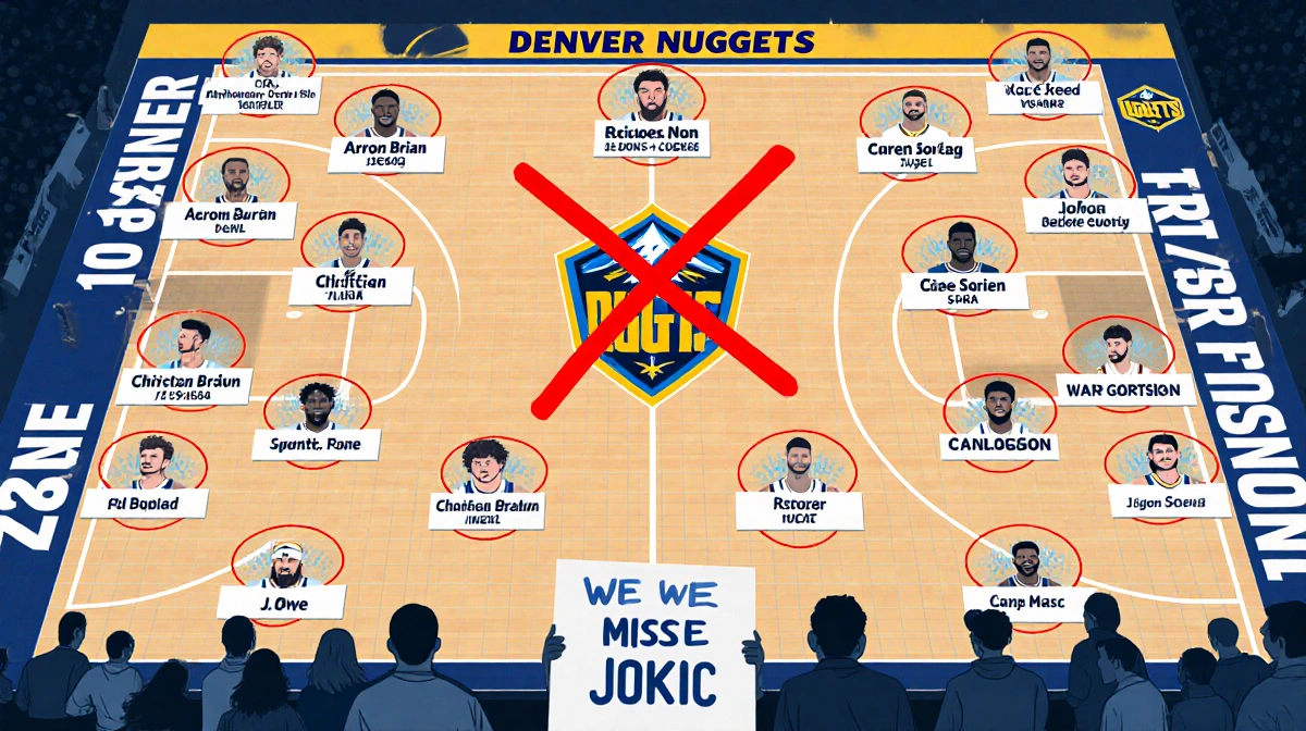 Basketball roster board shows red circles around Gordon Braun Johnson and an X over Jokic with fans miss Jokic signs stadium