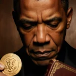 Denzel Washington holds Presidential Medal of Freedom with worn book and golden wood background