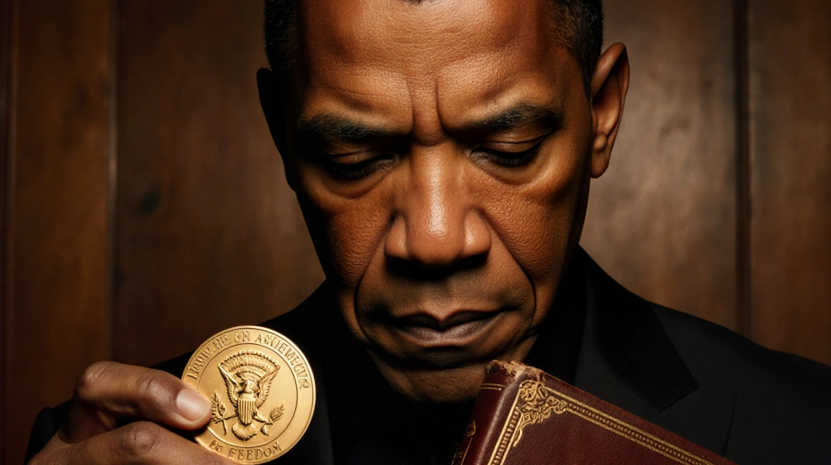 Denzel Washington holds Presidential Medal of Freedom with worn book and golden wood background