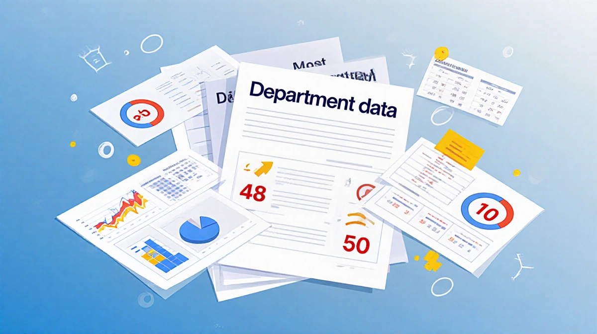 Stack of papers labeled Department Data sits with student loan default charts and highlighted red statistics on gradient back