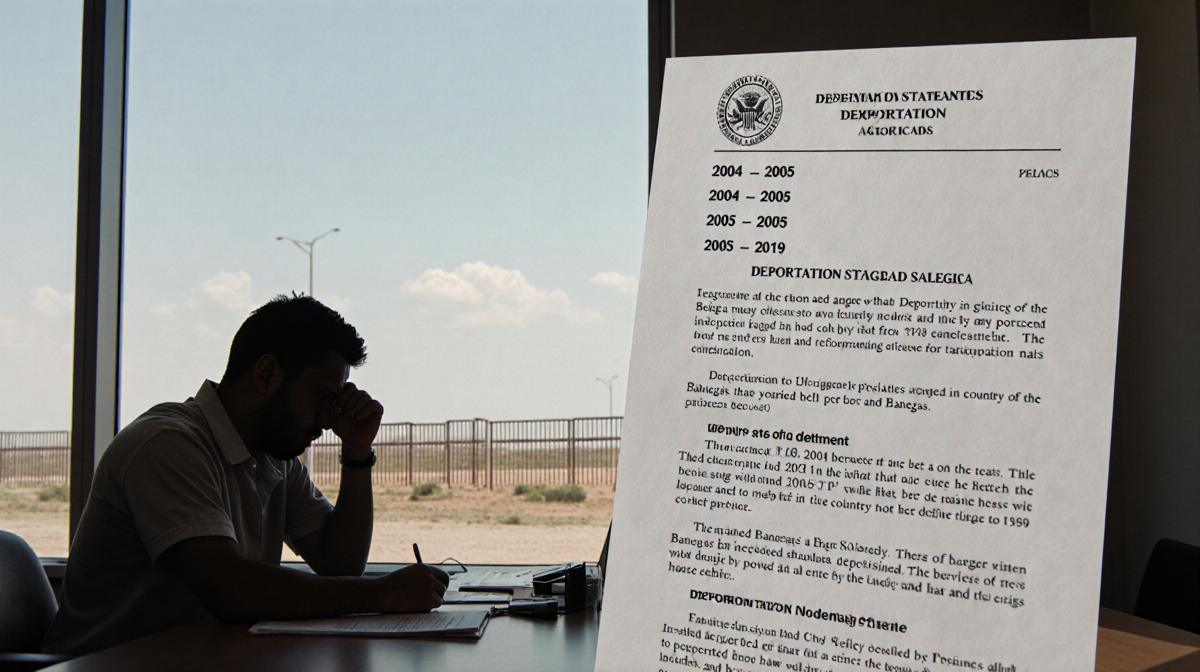 Dejected man sits at desk with press release and deportation dates and a border window in background.