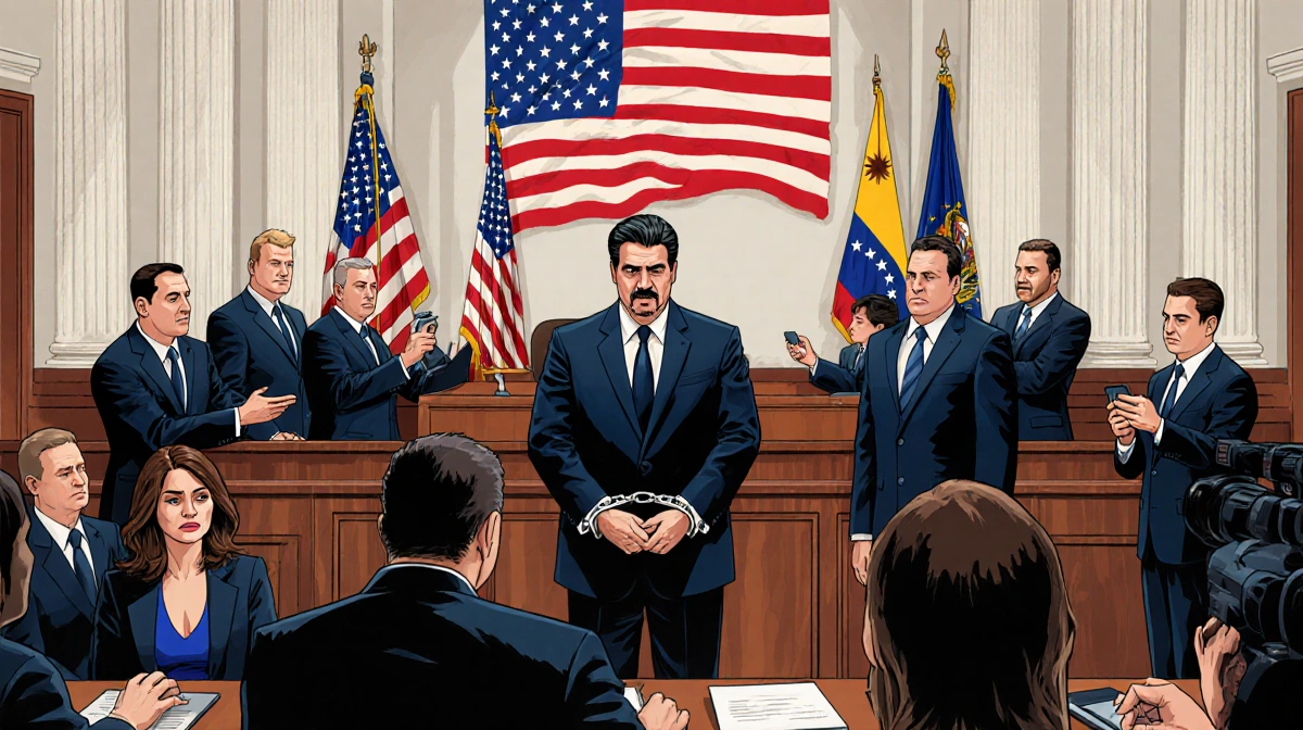 Maduro standing in handcuffs in a New York courtroom with U.S. officers and his wife looking worried in the front row