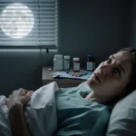 Woman lying motionless in bed with moonlight through blinds and medical items on nightstand
