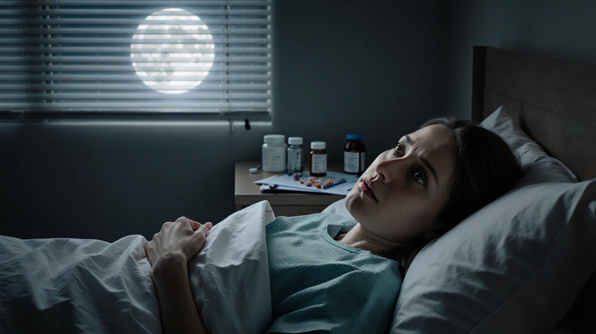 Woman lying motionless in bed with moonlight through blinds and medical items on nightstand