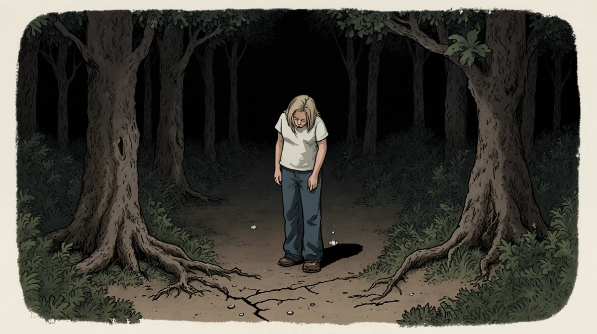 Person stands alone in dark forest with slumped shoulders and cracked ground showing emotional pain