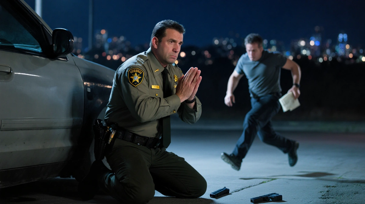 Sheriff's deputy kneeling behind vehicle with hands up and handgun on ground as burglar flees with stolen item