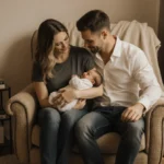 Derek Hough and Hayley cradling newborn daughter Everley with vintage rocking horse and cream blanket in nursery