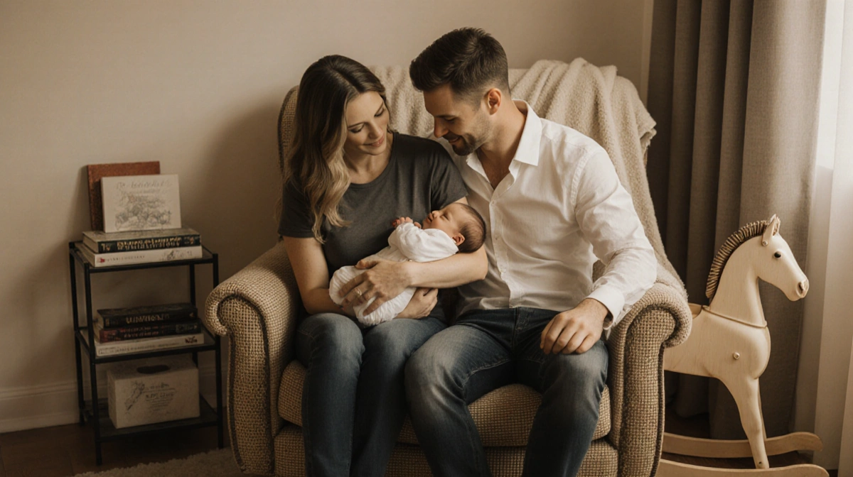 Derek Hough and Hayley cradling newborn daughter Everley with vintage rocking horse and cream blanket in nursery