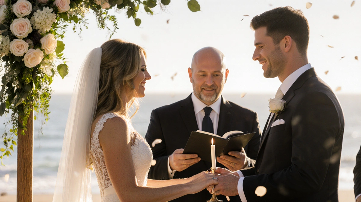 Derek Hough and Hayley Erbert Hough exchanging vows on Monterey beach with golden light and ocean view