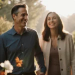 Dermot Mulroney walking hand-in-hand with Prima Apollonare through golden hour light with white flowers and autumn leaves in