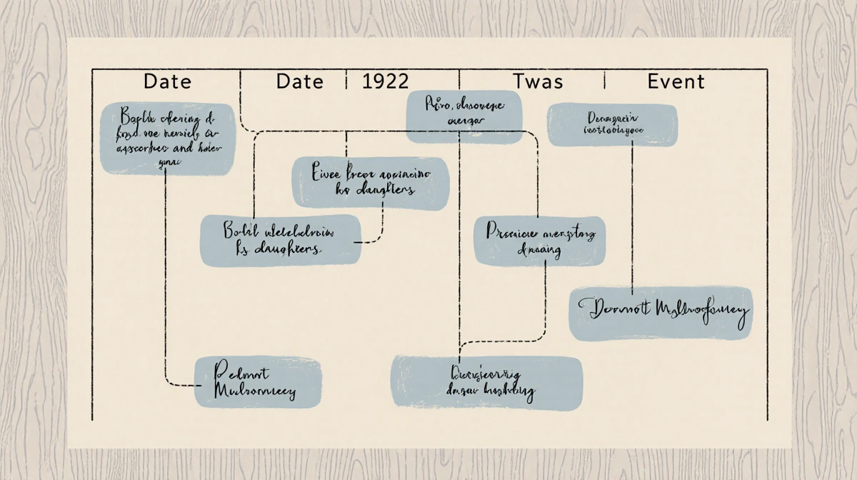Dermot Mulroney timeline table showing date and event columns with gentle handwritten fonts on wood grain background