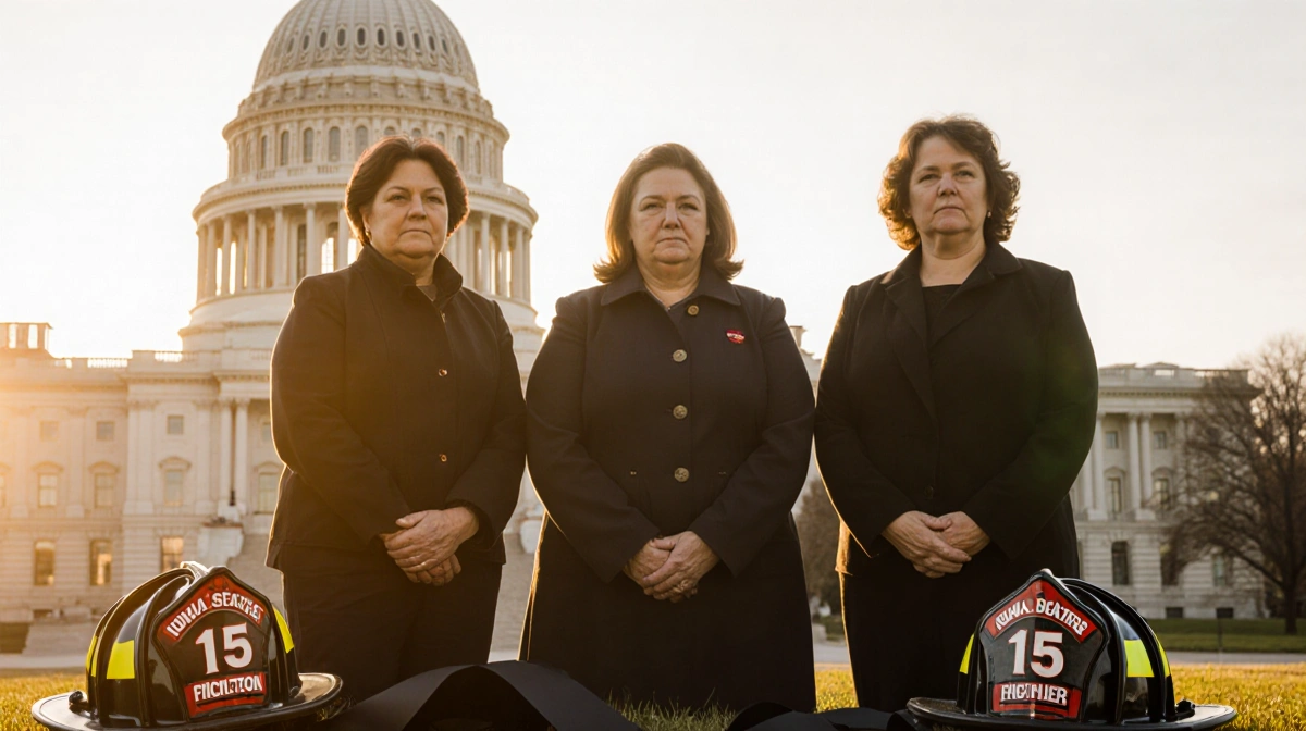 Three grieving widows clasp hands with firefighter helmets and black ribbons at their feet in front of Iowa State Capitol