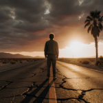 Person standing on desert street watching cracked asphalt ripple with sunset sky and palm tree swaying