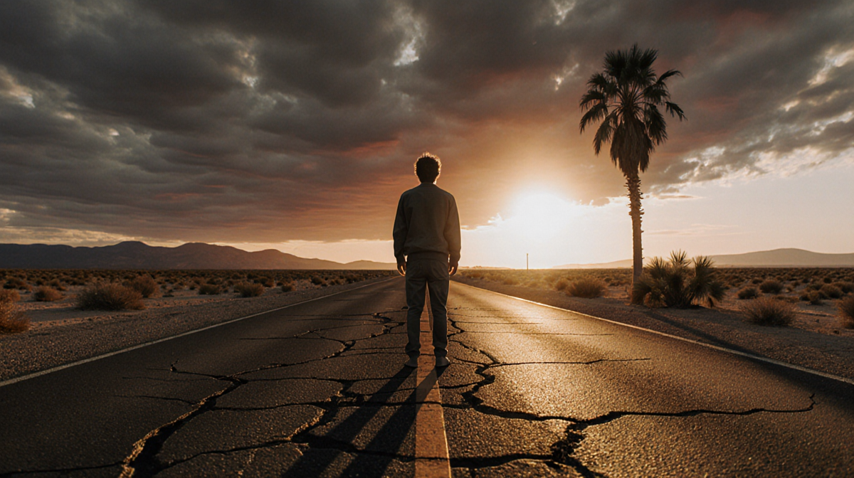 Person standing on desert street watching cracked asphalt ripple with sunset sky and palm tree swaying