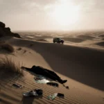 Lifeless figure lies near scattered belongings with distant vehicle silhouette and rocky outcrop against desert sunset