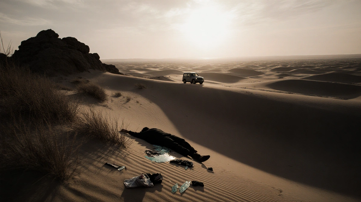 Lifeless figure lies near scattered belongings with distant vehicle silhouette and rocky outcrop against desert sunset