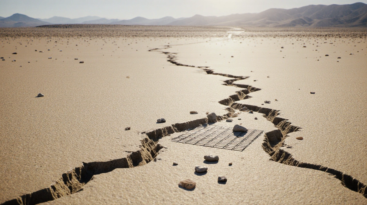 Desert landscape with fault line crossing sand dunes and earthquake zone marked by grid lines