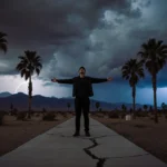 Person stands with arms outstretched on cracked sidewalk with palm trees swaying and lightning illuminating desert sky