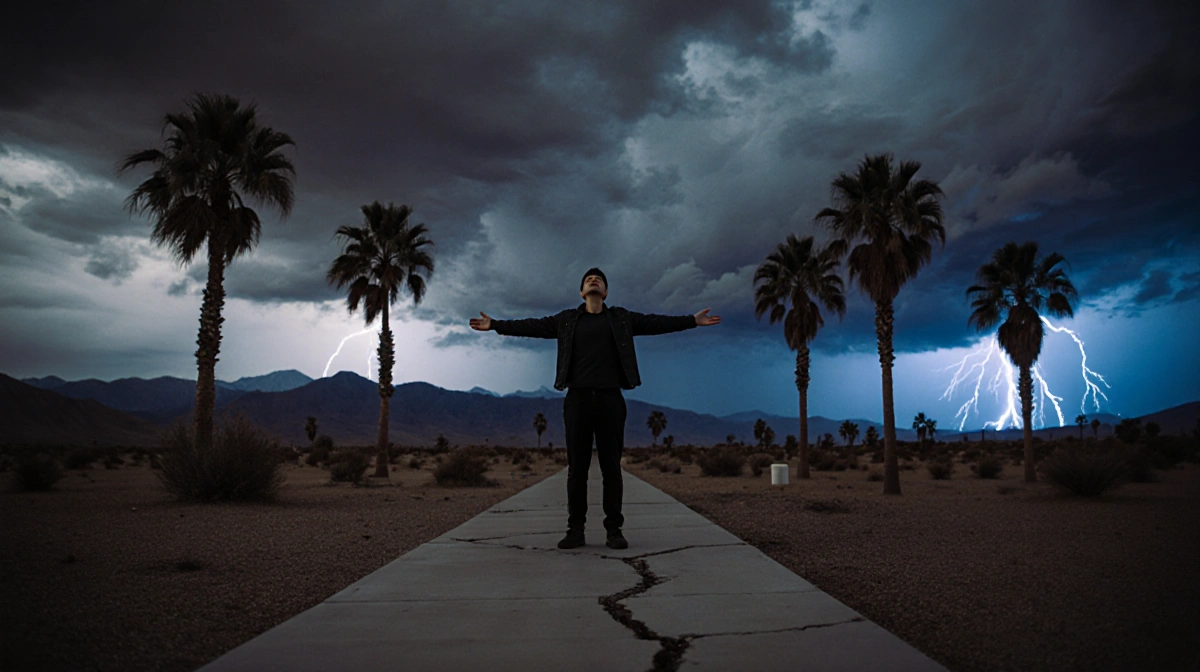 Person stands with arms outstretched on cracked sidewalk with palm trees swaying and lightning illuminating desert sky