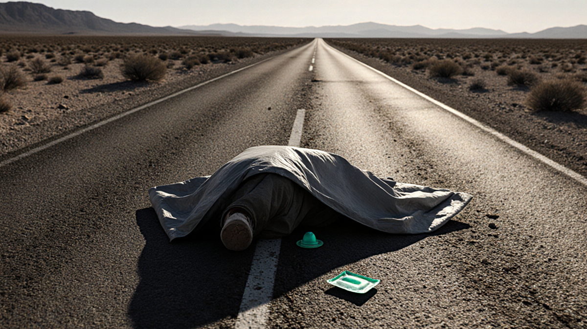Tarp draped over dead body on desert road with sunlight shadows and a used condom near the edge