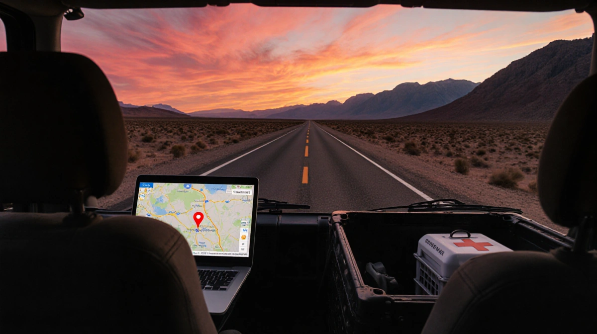 Empty 4x4 with medical supplies heads toward vet clinic with laptop showing map and sunset over desert mountains