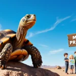 Desert tortoise standing on rocky outcrop with wooden Maxine Predicts sign and students holding weather charts below