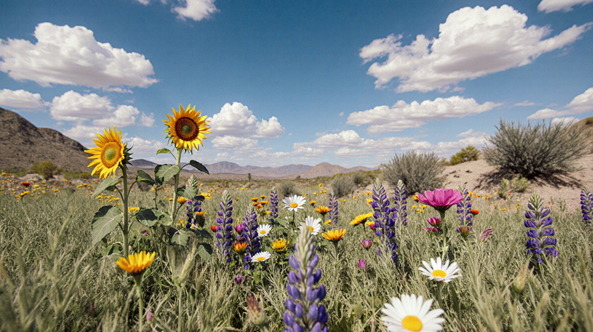 Wildflowers sway across a desert field with sunflowers daisies and lupines under a clear blue sky