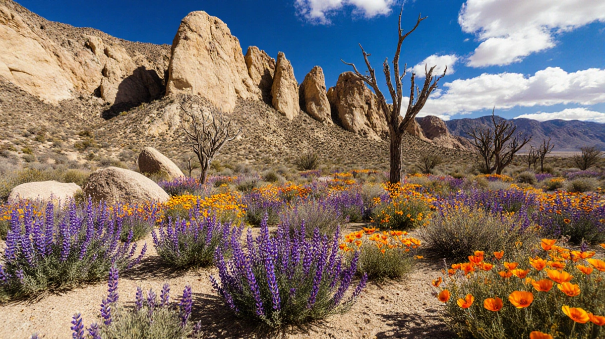 Wildflowers bloom with bright colors in a sunlit desert field with warm rocks and blue sky