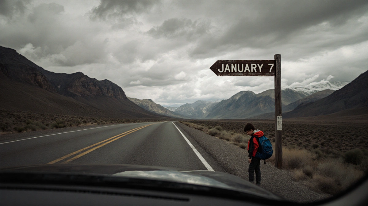 Empty mountain road winds through Utah desert with abandoned car and child's jacket and backpack left on roadside