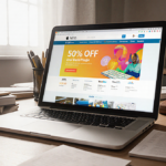 Laptop displaying discount code on a cluttered workspace with natural light and scattered books.