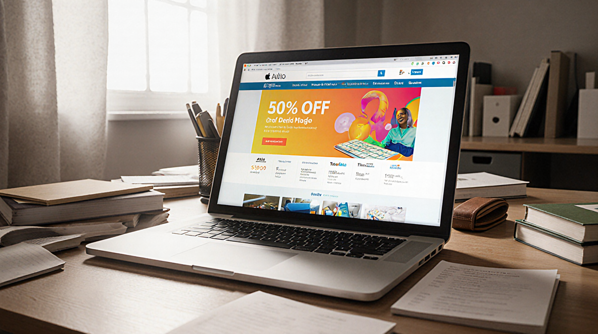 Laptop displaying discount code on a cluttered workspace with natural light and scattered books.
