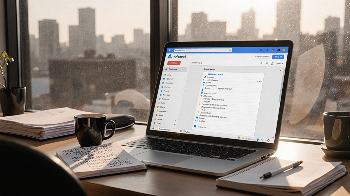 Laptop displaying NotebookLM interface with coffee cup and stack of documents on desk, fueling productivity and curiosity