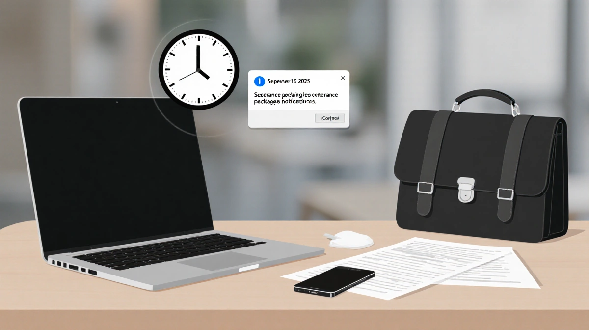 Desk workspace shows laptop with papers and briefcase while phone displays severance notification and clock marks October 15 