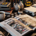 Open puzzle book showing NYT Connections #955 with coffee mug and Batman collectibles on cluttered desk