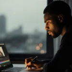 Desmond Scott sitting at desk with worn laptop showing video editing software and pen in hand with city lights visible throug