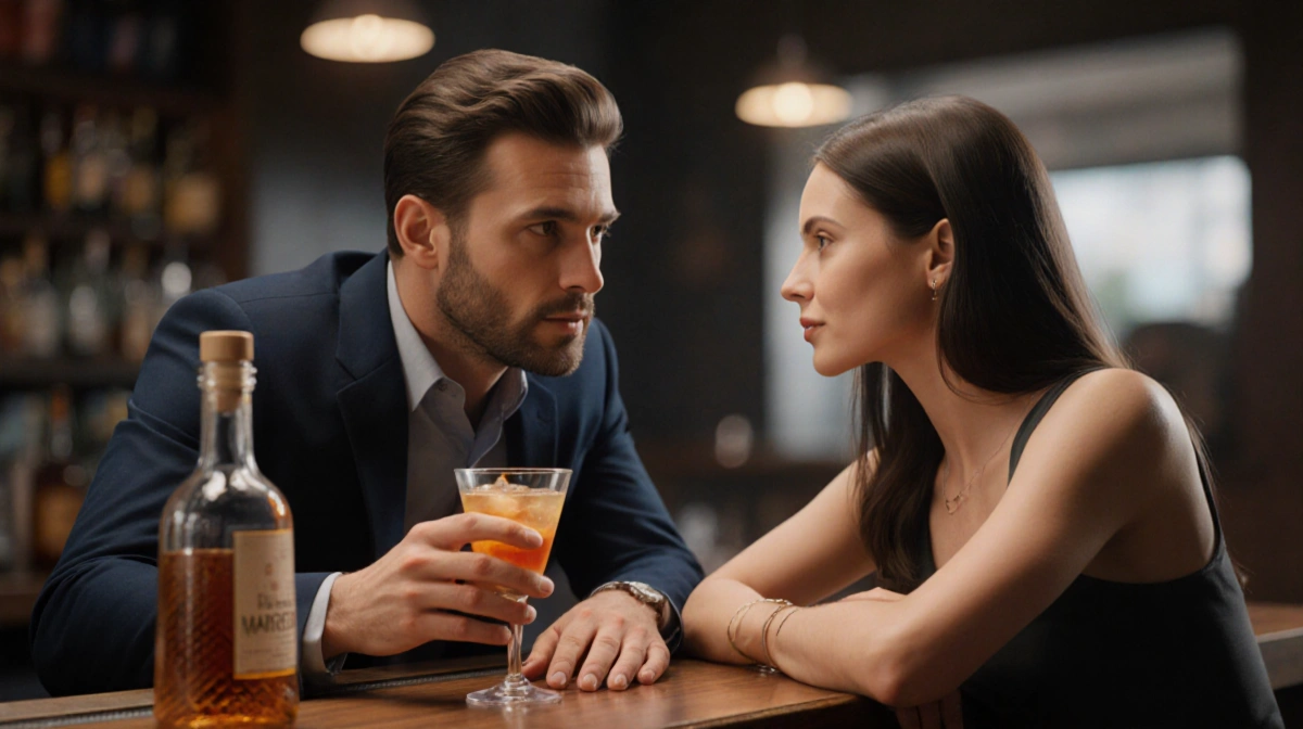 Two people chatting at bar counter with cocktail glass and liquor bottle showing relaxed conversation