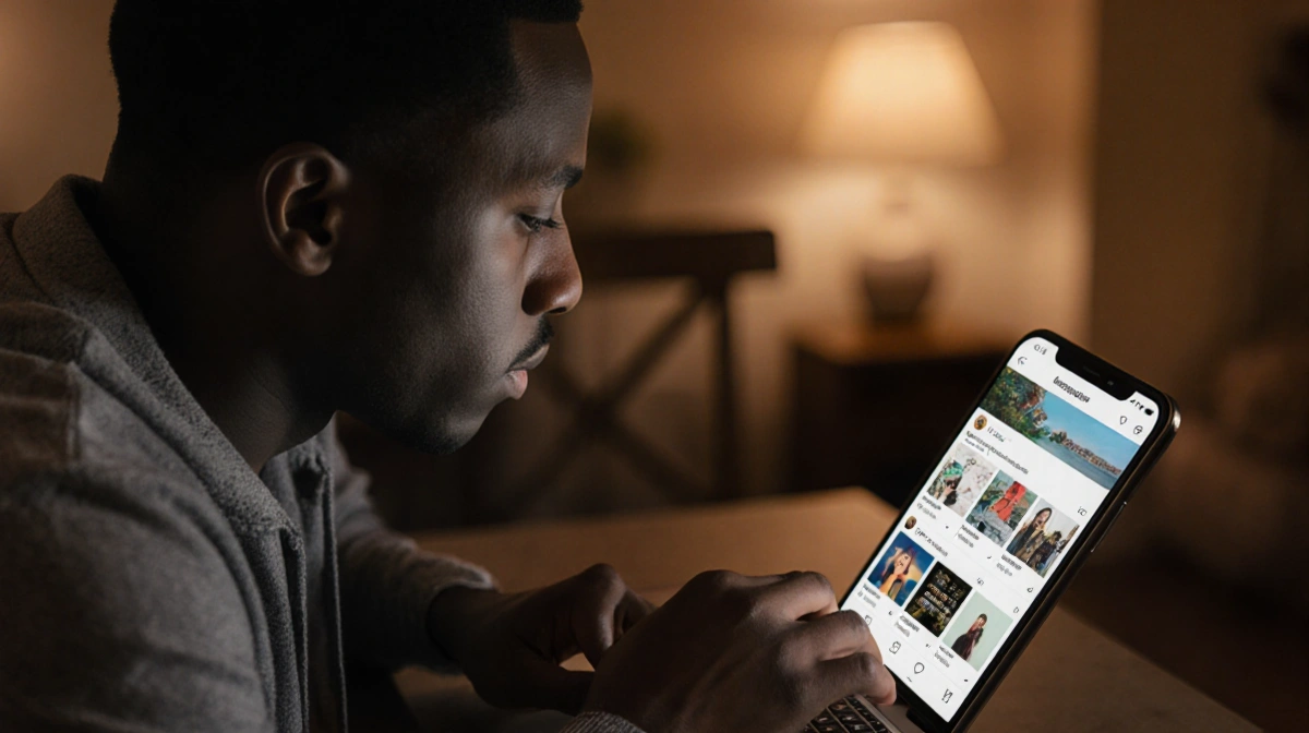 Desmond Scott sits thoughtfully at his phone with Instagram Stories open and soft home lighting behind