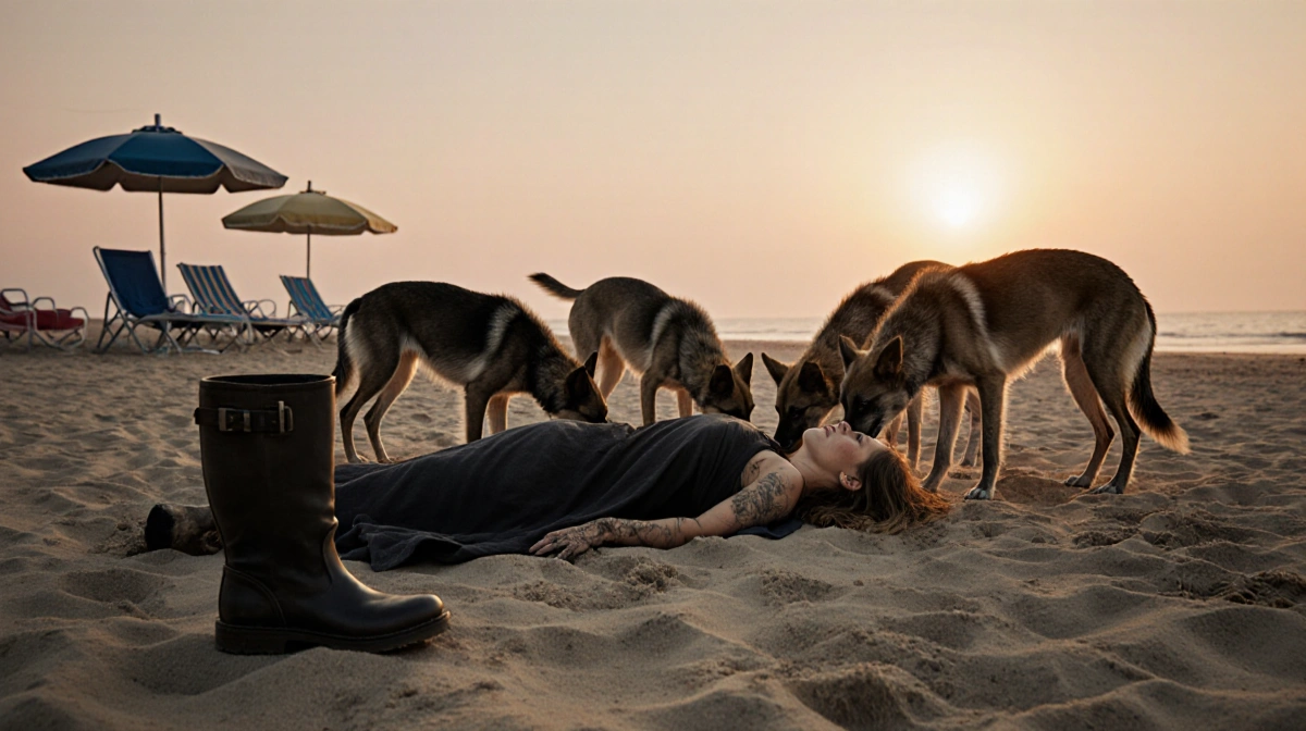 Young woman lies face-down on beach sand with wild dogs gathering near police boots at dawn