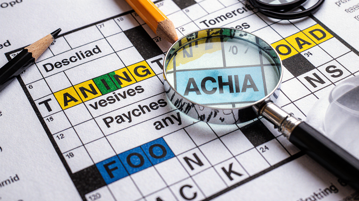 Detective highlighting crossword puzzle with magnifying glass and pencil while three highlighted words glow on the grid.