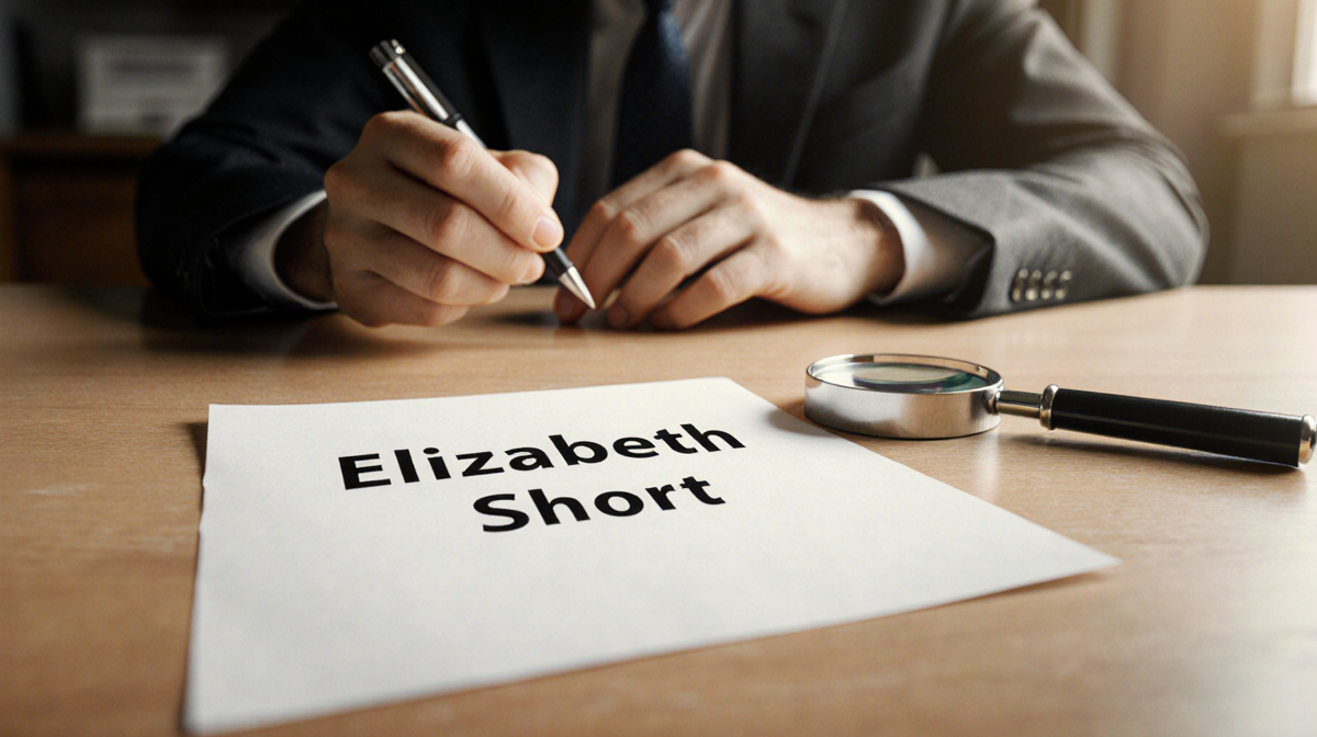 Investigator sitting at desk with paper titled Elizabeth Short and a magnifying glass nearby