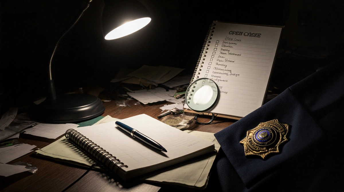 Detective's notebook and pen rest on cluttered desk with police badge and open cases list showing urgent investigation