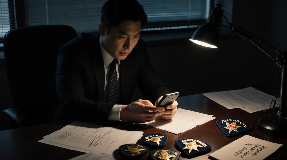 Detective Mike Ro studies scattered police badges and documents with his phone showing conflicting reports and cryptic notes