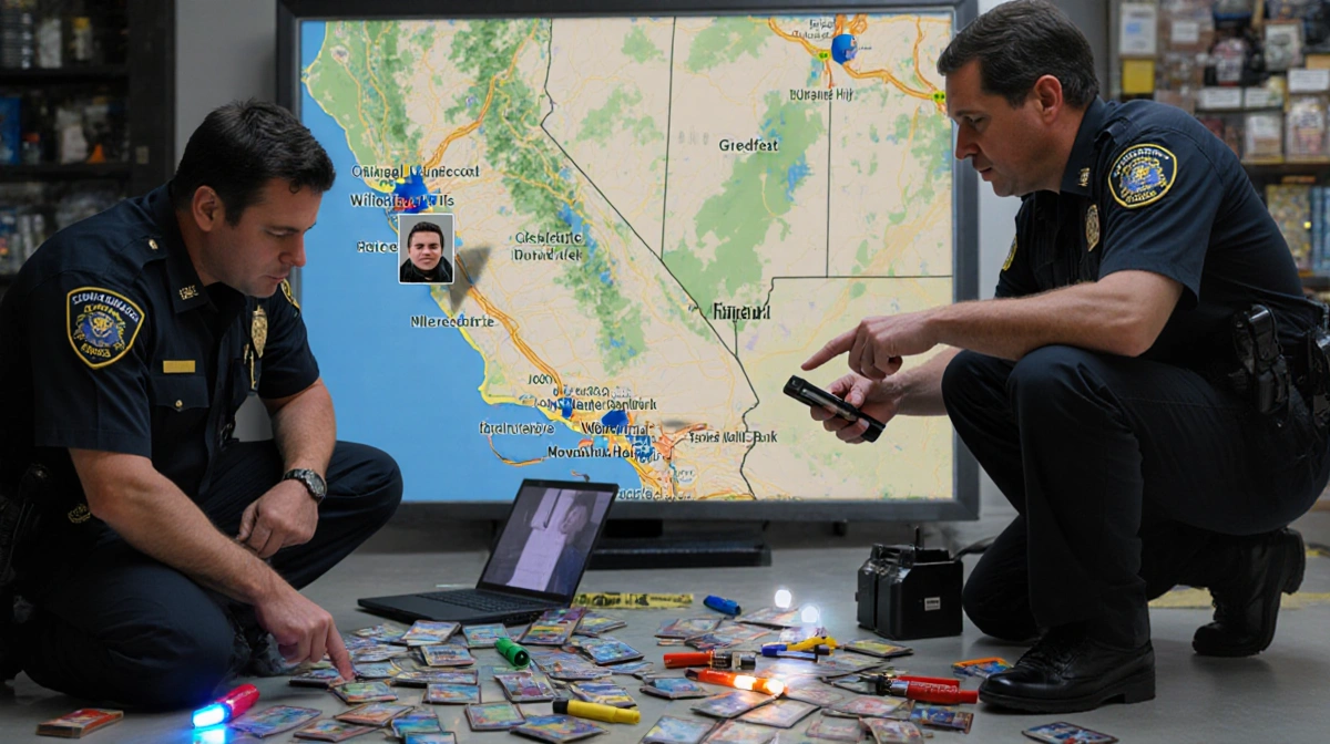 Detective pointing at suspect photo on phone with scattered cards and a large LA County map in background