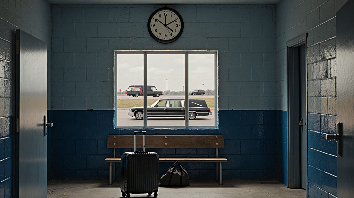 A suitcase rests beside a bench in a detention center with a ticking clock and a procession seen through a window.